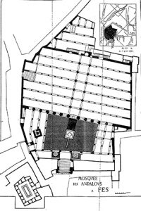 شكل(4): جامع الأندلس مسقط أفقي، عهد الناصر الموحدي، عن: Terrasse: La Mosquée des Andalous à Fès. Fig 1