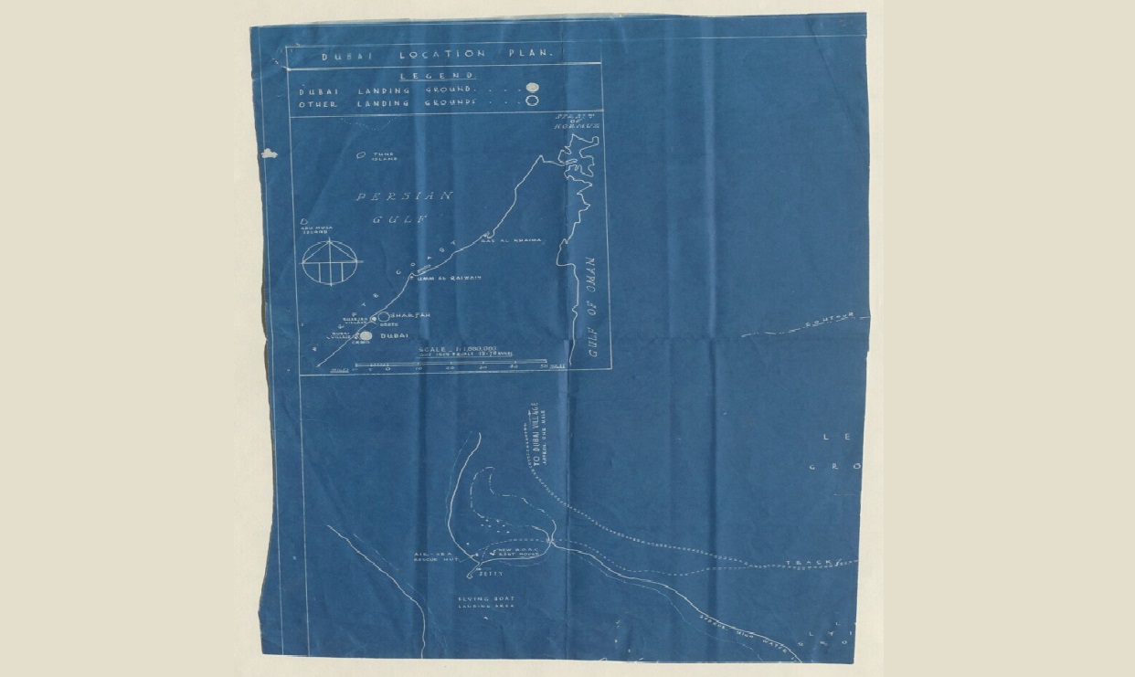 مخطط موقع  سلاح الجو الملكي البريطاني في خور دبي عام 1948م